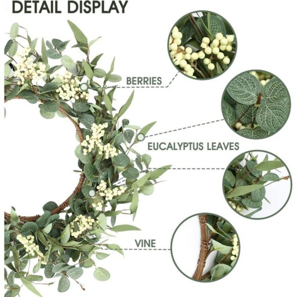 New 20Inch Eucalyptus Wreath for Front Door, Porch & Window or All-Season, Green - Picture 4 of 8